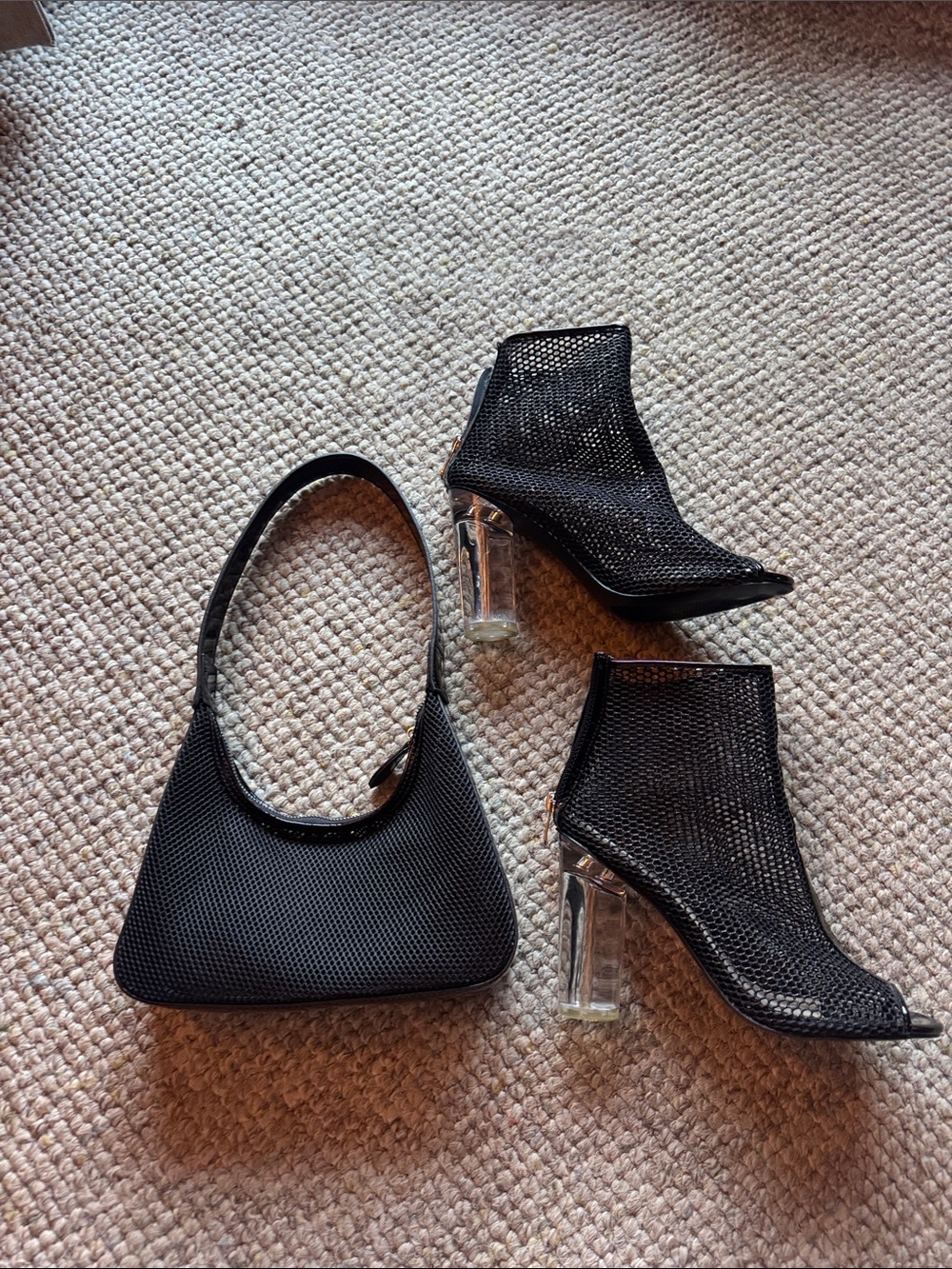 Black Mesh Shoulder Bag and Clear-Heel Mesh Booties